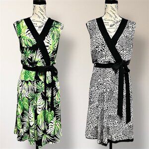 New WHBM 10 Green Gray Reversible Wrap Midi Dress V Neck Sleeveless Resort Beach